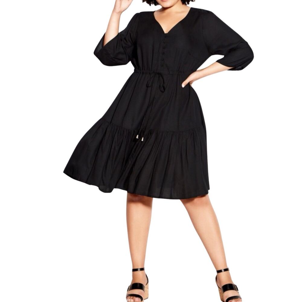 Loralette Tiered Midi Dress Womens Plus Size 30/32 5X Drawstring Black Boho